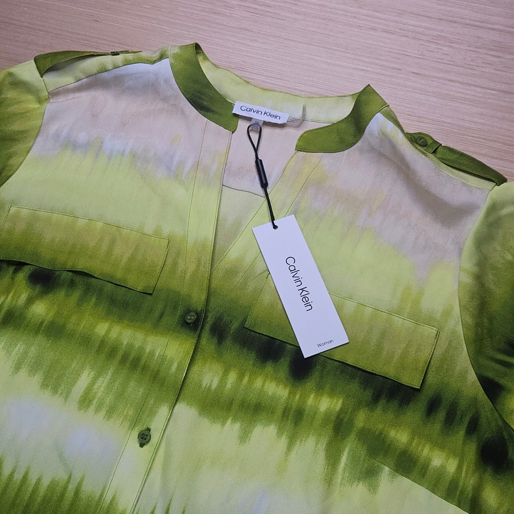 Calvin Klein Women Green Tie Dye Button Top Size 0X Collared Roll Tab Sleeve NEW